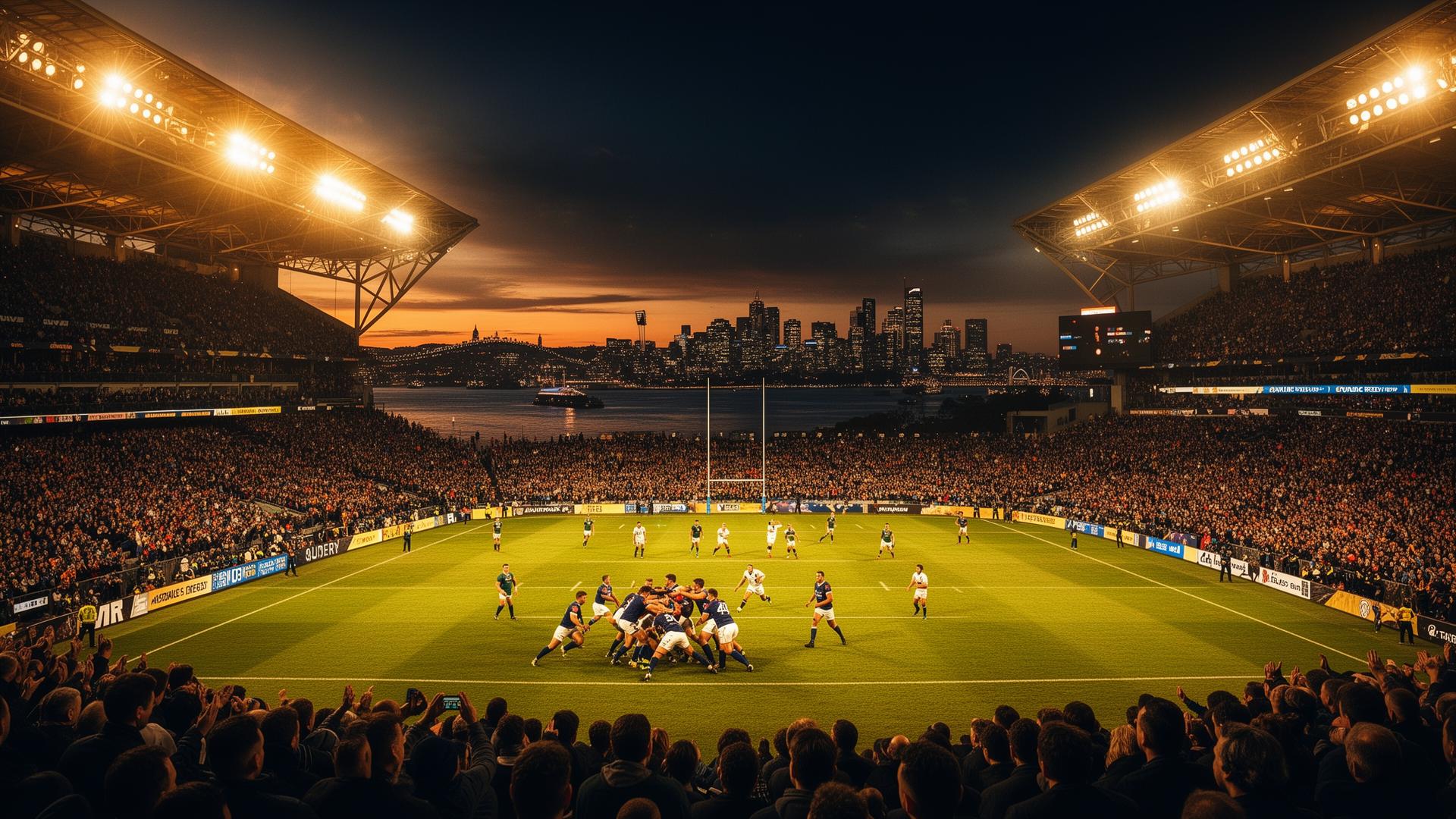 Floodlit rugby stadium at dusk in Australia with a packed crowd and Sydney skyline in the distance.